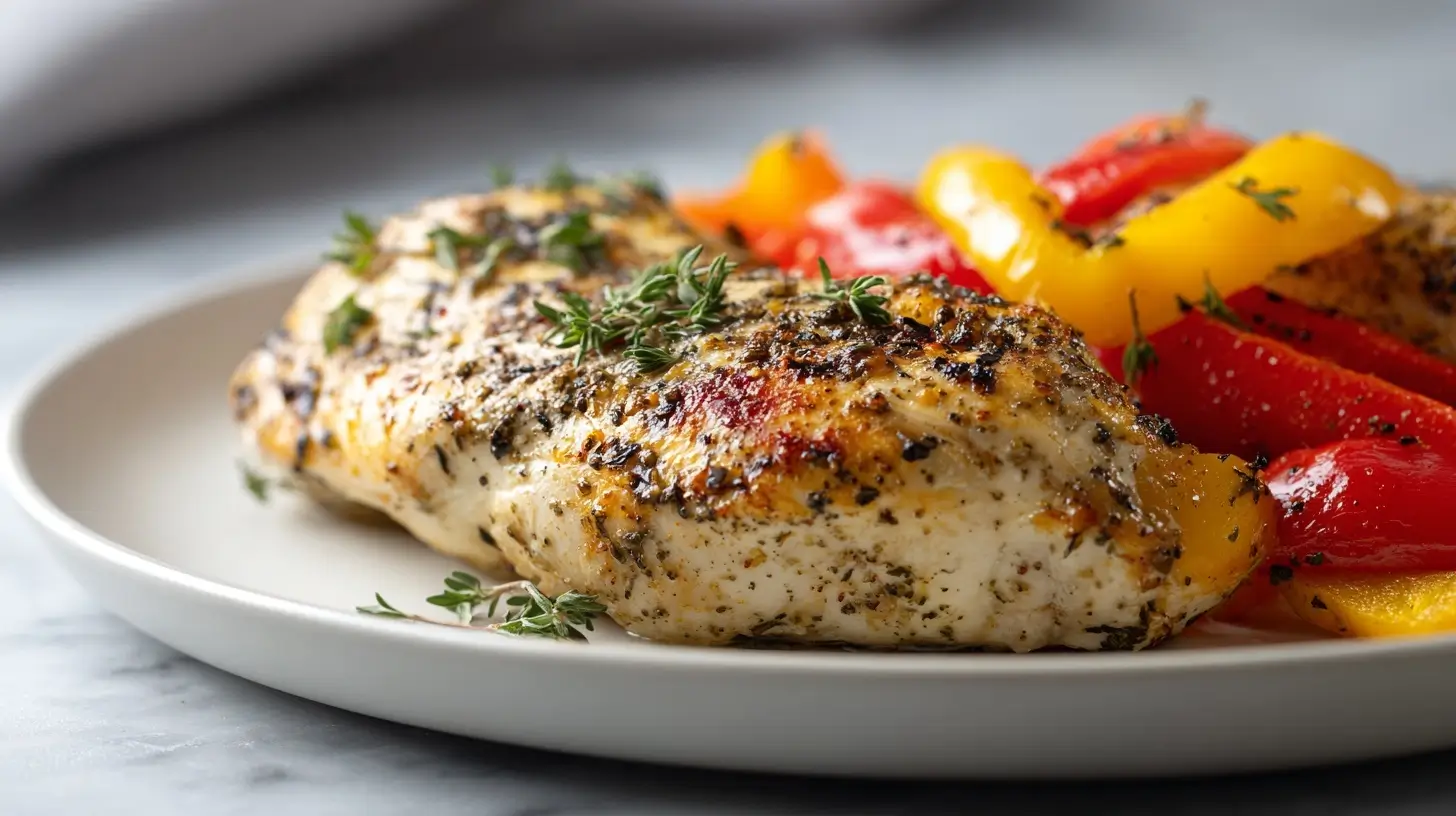 Deliciosa pechuga de pollo en freidora de aire, jugosa y crujiente.