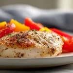 Deliciosa pechuga de pollo preparada en freidora de aire, jugosa y saludable.