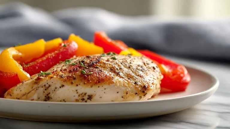 Deliciosa pechuga de pollo preparada en freidora de aire, jugosa y saludable.