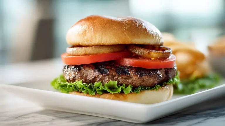 Deliciosa hamburguesa cocinada en freidora de aire, crujiente y jugosa.