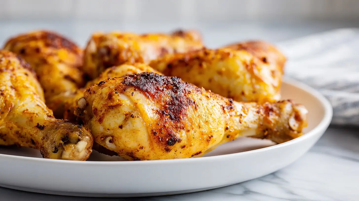 Delicioso muslo de pollo en freidora de aire, crujiente y jugoso.