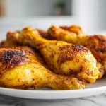 Delicioso muslo de pollo cocinado en freidora de aire, jugoso y crujiente.