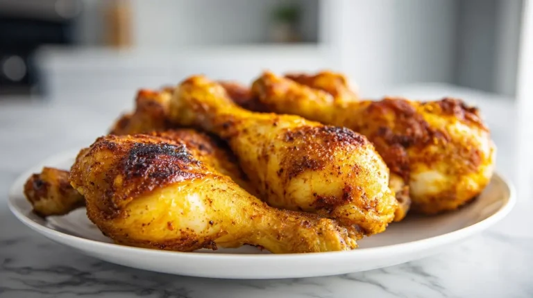 Delicioso muslo de pollo cocinado en freidora de aire, jugoso y crujiente.