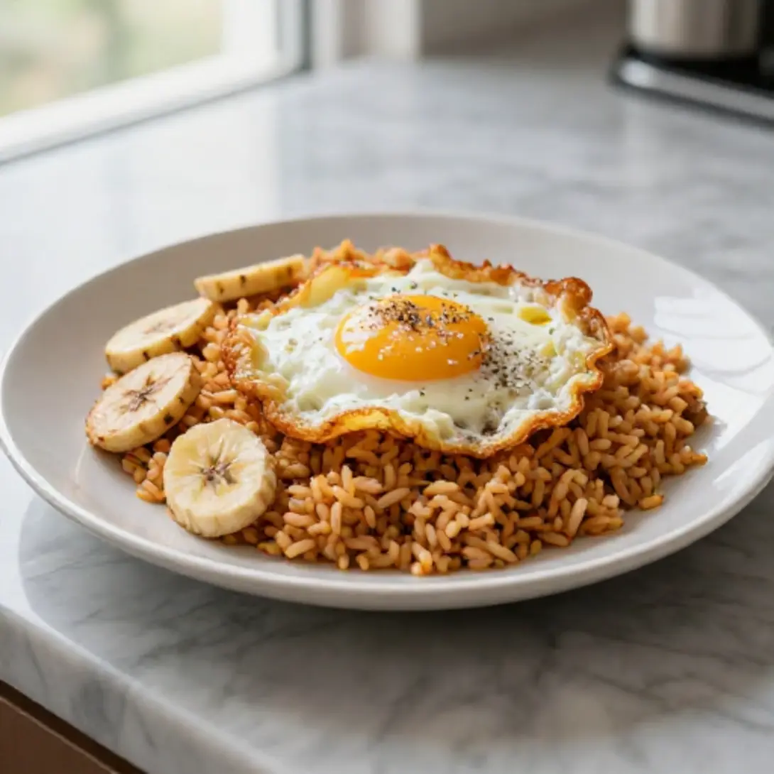 Arroz a la cubana listo para servir en freidora de aire.