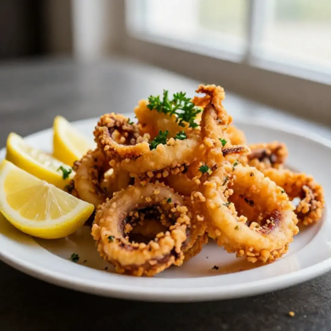 Calamares en freidora de aire listos para ser degustados, crujientes y apetitosos.