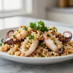 Deliciosos calamares rellenos en freidora de aire listos para disfrutar.