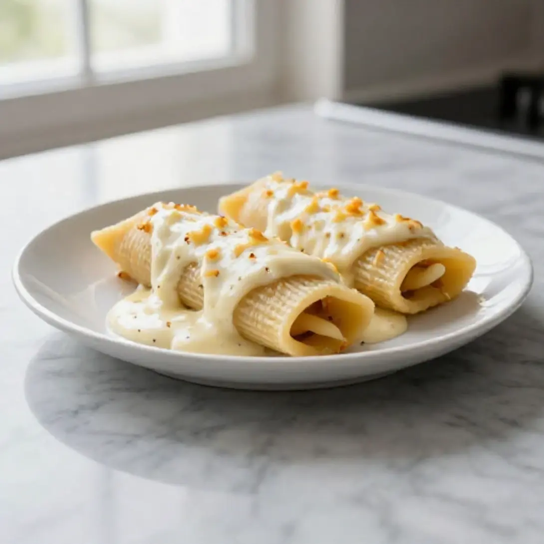 Canelones en freidora de aire con salsa y queso.