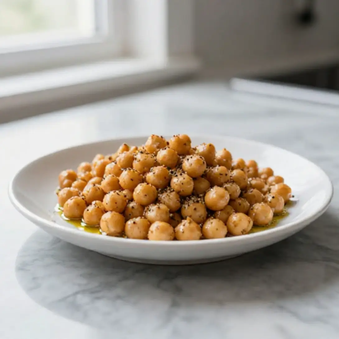Garbanzos fritos crujientes en freidora de aire, perfectos para picar.