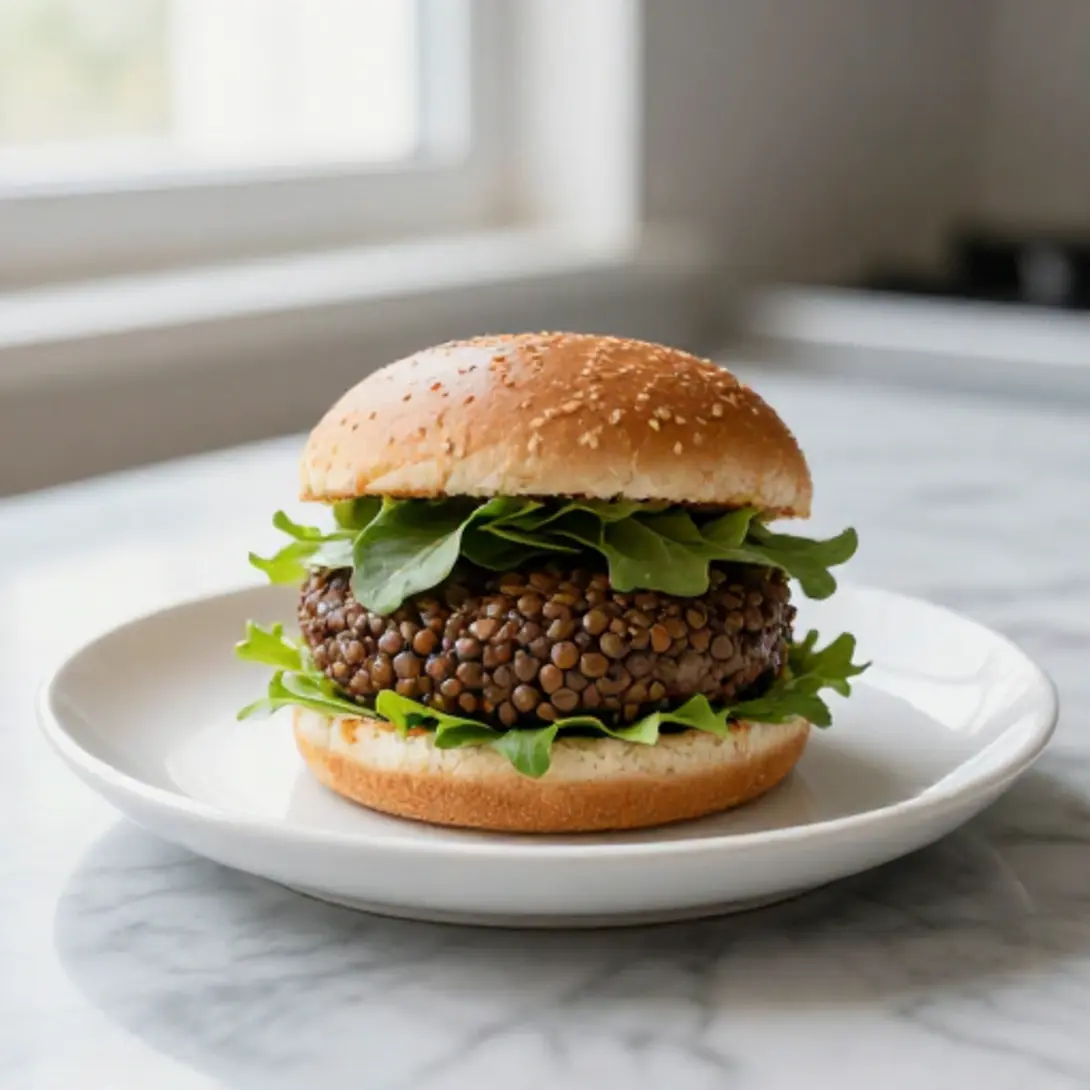Hamburguesa de lentejas preparada en una freidora de aire.