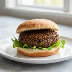Deliciosa hamburguesa de lentejas cocinada en freidora de aire.