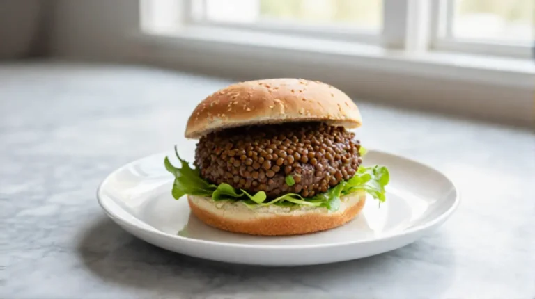 Hamburguesa de lentejas en freidora de aire Deliciosa hamburguesa de lentejas cocinada en freidora de aire.