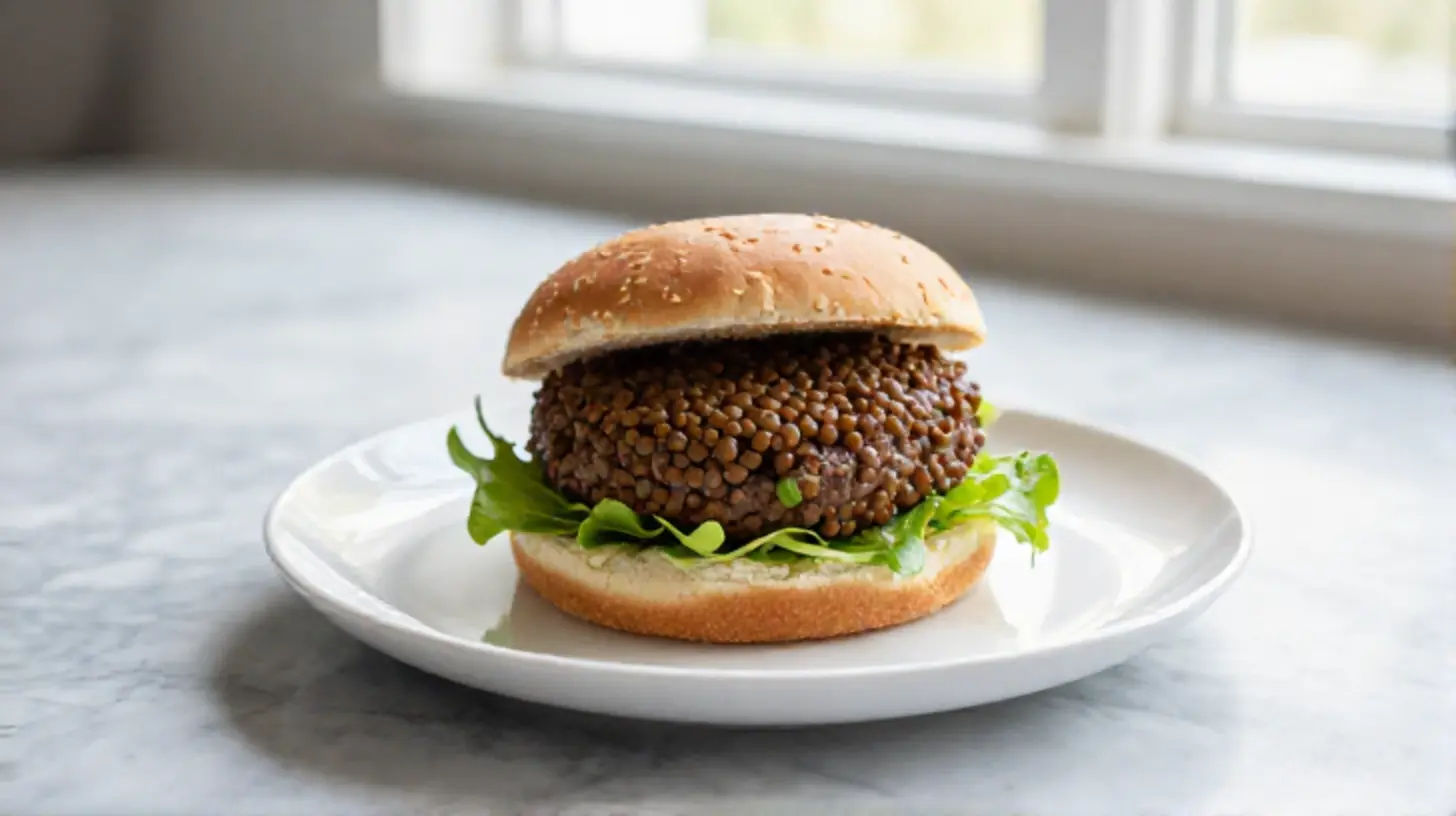 Deliciosa hamburguesa de lentejas cocinada en freidora de aire.