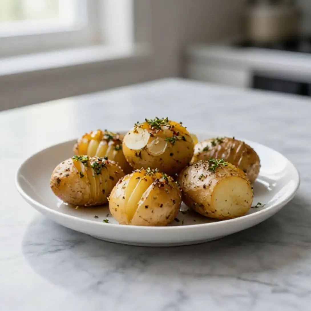 Patatas hasselback en freidora de aire listas para servir.