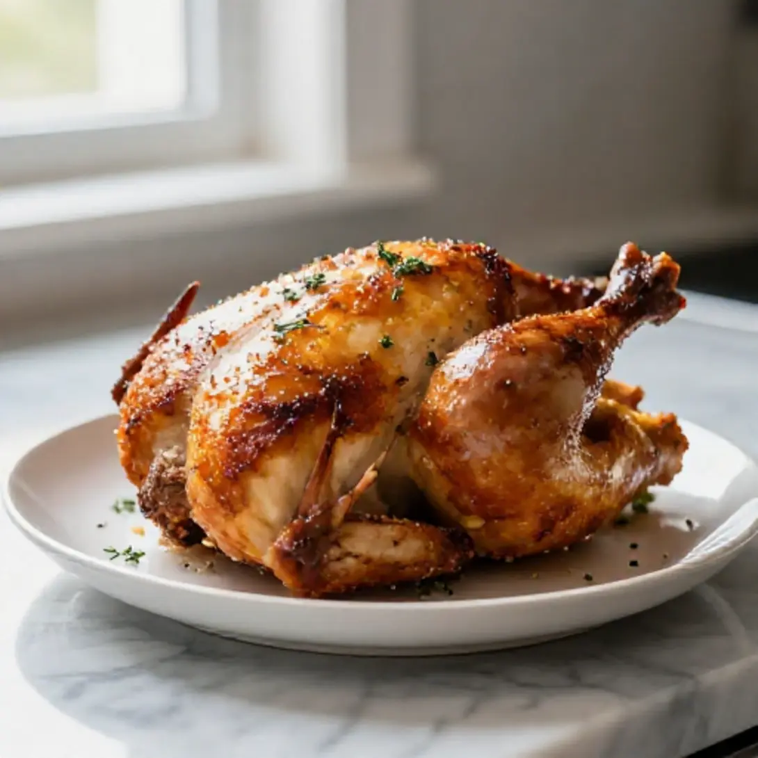 Pollo asado entero en freidora de aire, fácil y rápido de preparar.