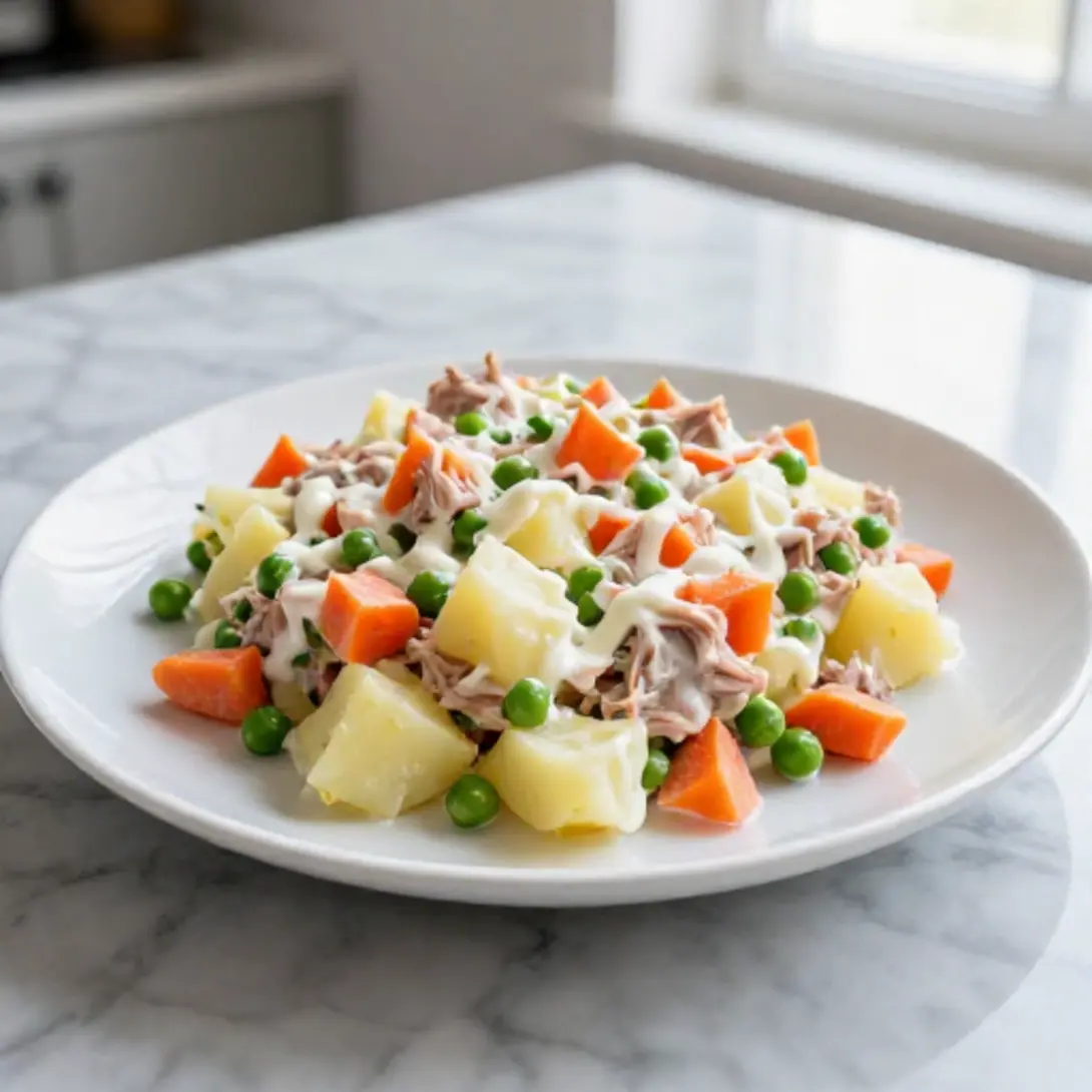 Ensaladilla rusa lista para servir, cocinada en freidora de aire.