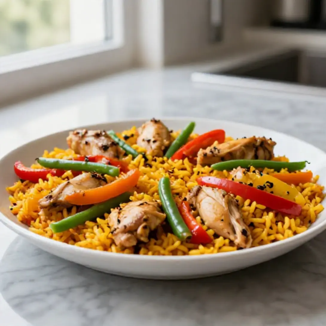 Paella en freidora de aire con ingredientes frescos.