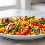 Deliciosa paella en freidora de aire lista para servir.