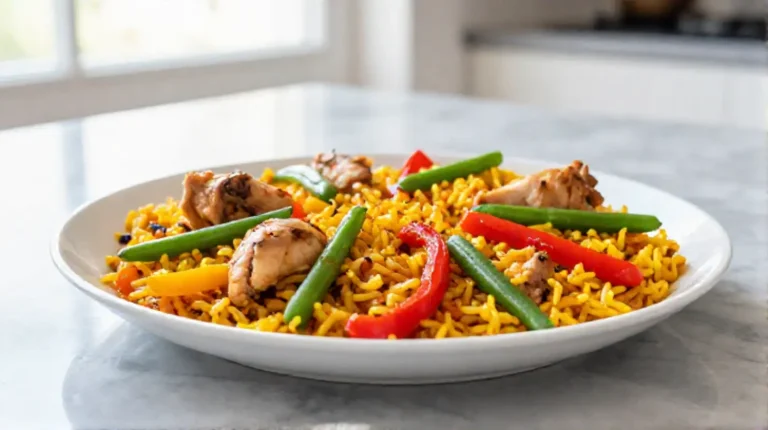 Deliciosa paella en freidora de aire lista para servir.