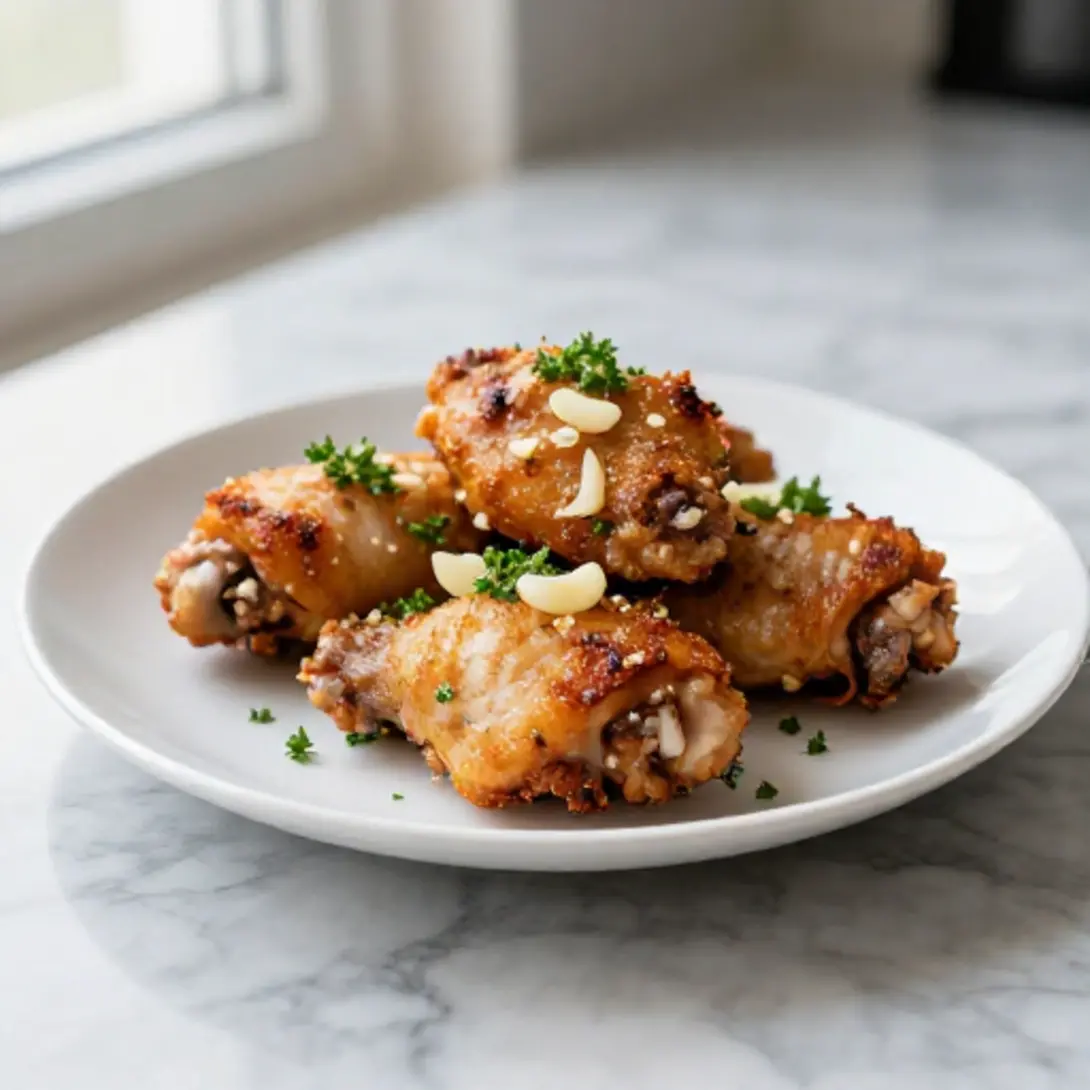 Pollo al ajillo cocinado en freidora de aire, suculento y crujiente.