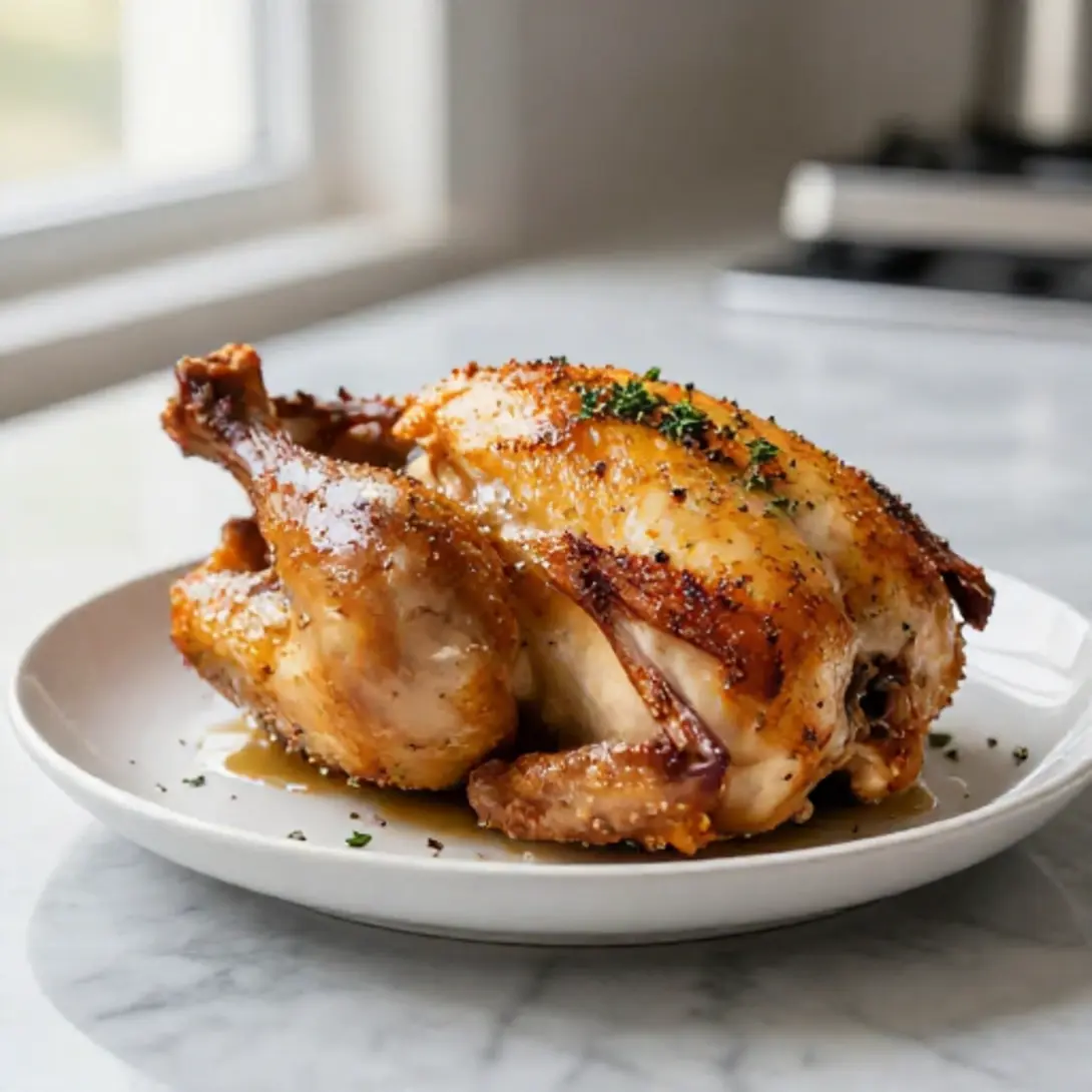 Pollo al horno en freidora de aire servido con guarnición.