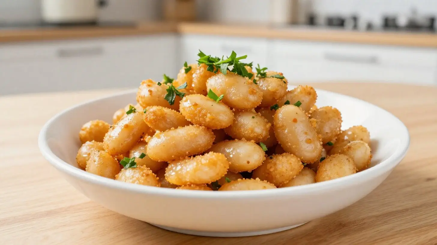 Plato delicioso de alubias blancas cocinadas en freidora de aire, saludable y lleno de sabor.