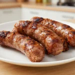 Deliciosa chistorra cocinada en freidora de aire, dorada y crujiente.