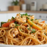 Deliciosa fideuá cocinada en freidora de aire, con mariscos frescos y un sabor irresistible.
