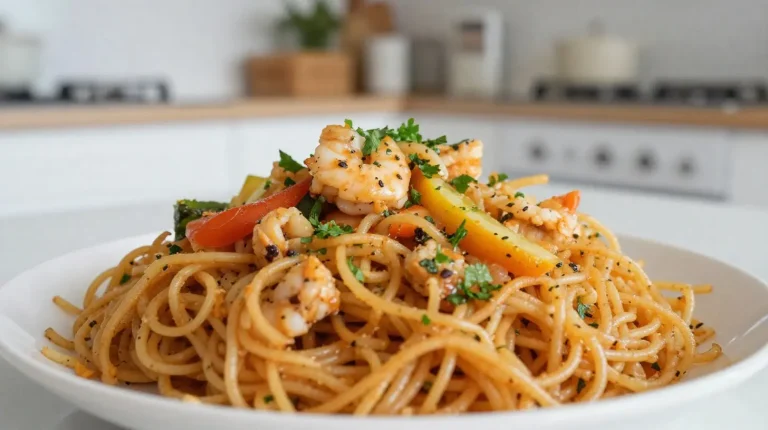 Deliciosa fideuá cocinada en freidora de aire, con mariscos frescos y un sabor irresistible.