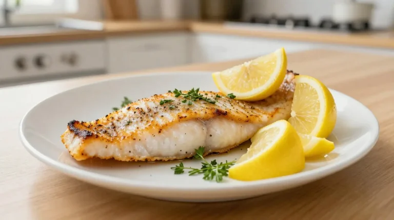 Delicioso lenguado cocinado en freidora de aire, perfecto para una comida rápida y saludable.