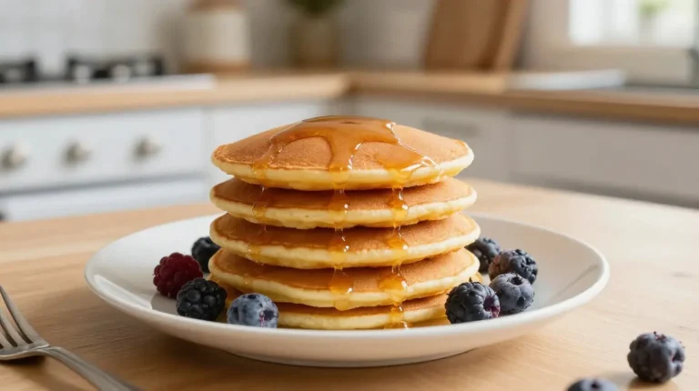Deliciosos pancakes recién hechos en freidora de aire con una textura suave y esponjosa.