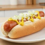 Delicioso perrito caliente cocinado en freidora de aire, crujiente por fuera y jugoso por dentro.