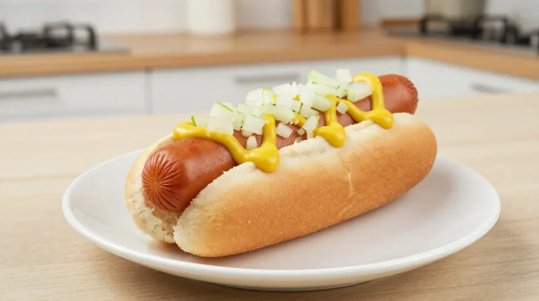 Delicioso perrito caliente cocinado en freidora de aire, crujiente por fuera y jugoso por dentro.