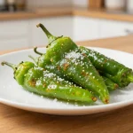 Deliciosos pimientos de padrón preparados en la freidora de aire, ideales para un aperitivo saludable.