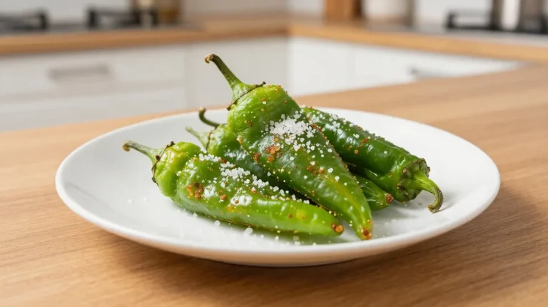 Deliciosos pimientos de padrón preparados en la freidora de aire, ideales para un aperitivo saludable.