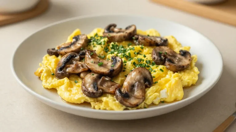 Delicioso revuelto de setas preparado en una freidora de aire, perfecto para una comida rápida y saludable.